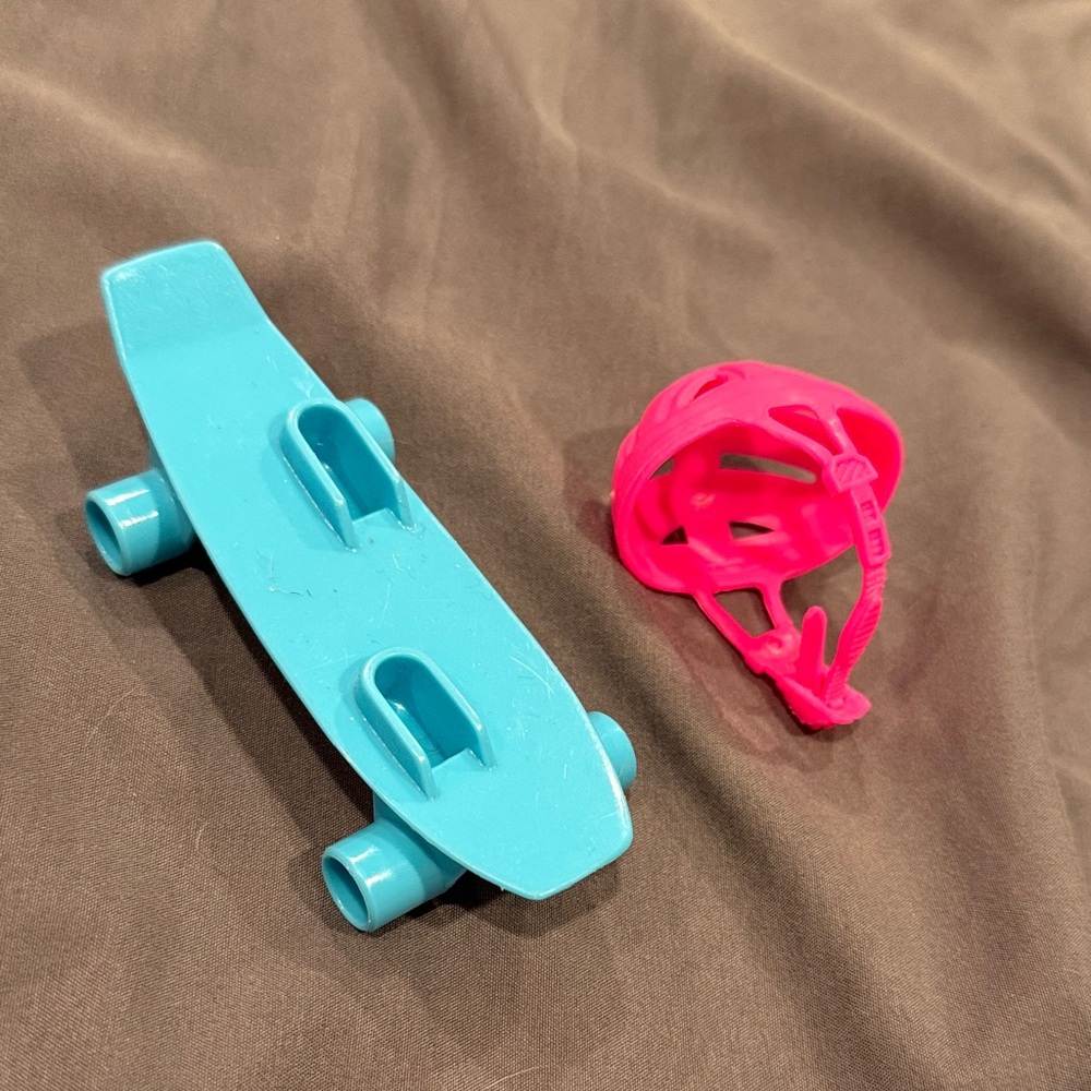 Vintage 90s Barbie Miniature Blue Skateboard and Pink Helmet Set